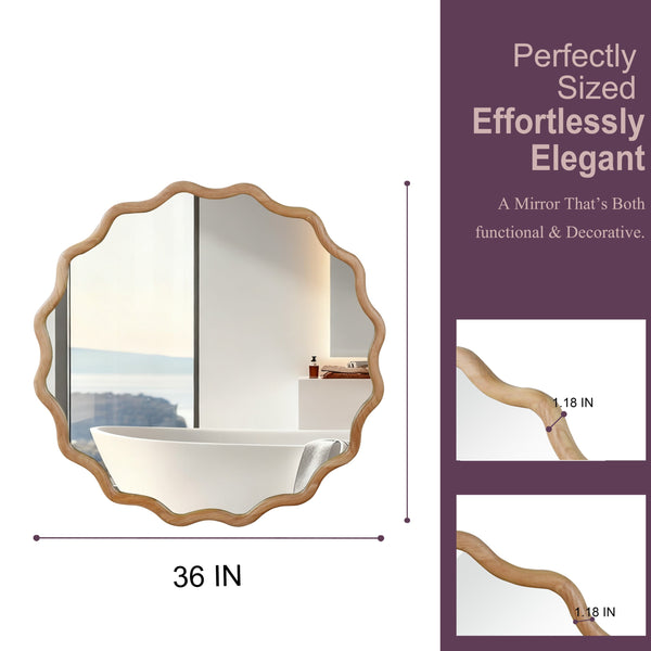English Elm Natural Wood 36in Wavy Round Solid Wood Frame Mirror – Rustic Tempered Glass Vanity Decor, Entryway W2203P389080