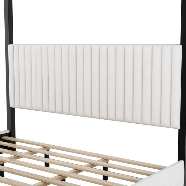 English Elm King Velvet Upholstered Four Poster Canopy Bed White Modern Bedroom Frame N7090002405B
