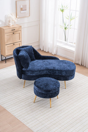 English Elm 58'' Chenille Chaise Lounge with Footstool Pocket Spring Comfort for Bedroom Living Room Blue W2363S00090