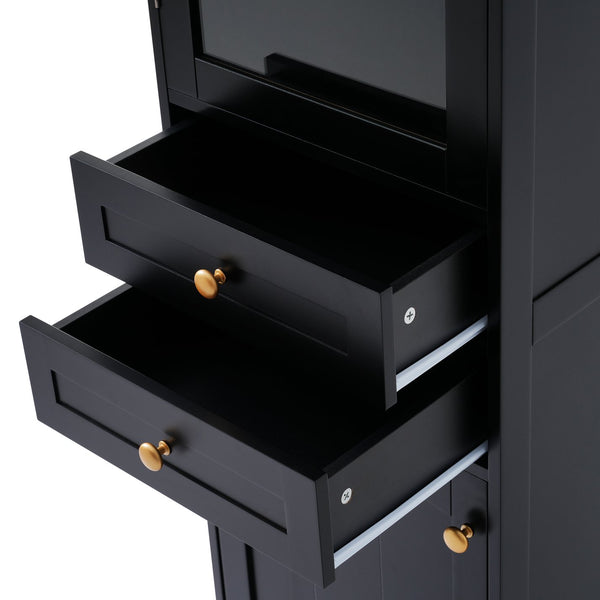 English Elm 63" Tall Bathroom Vanity Cabinet with Glass Doors, Two Drawers and Adjustable Shelves for Stylish Storage Black N729P171305B