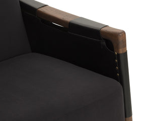 Sunpan CALLOWAY Lounge Chair - Antique Brown Oak Frame with Onyx Leather & Italian Straps for Timeless Style 112133