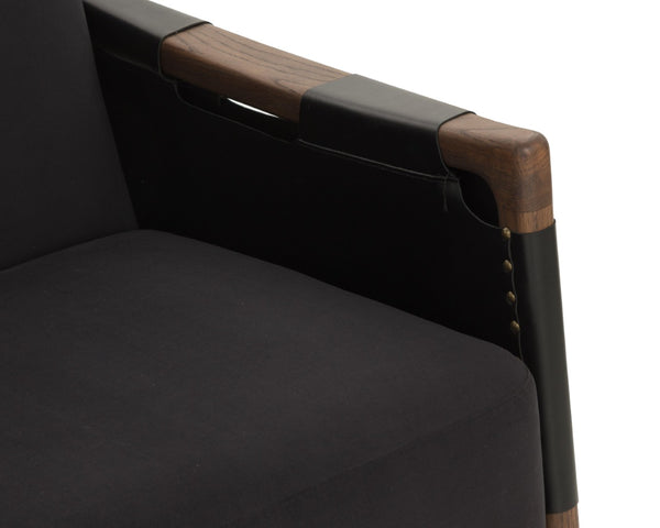 Sunpan CALLOWAY Lounge Chair - Antique Brown Oak Frame with Onyx Leather & Italian Straps for Timeless Style 112133