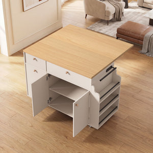 English Elm Kitchen Rolling Cart with Black Marble Top Drop Leaf Drawers and Spice Rack Storage White B2764S00003