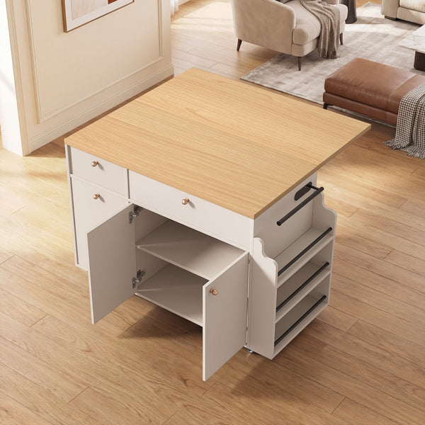 English Elm Kitchen Rolling Cart with Black Marble Top Drop Leaf Drawers and Spice Rack Storage White B2764S00003