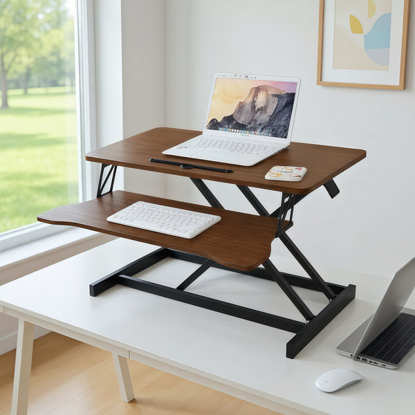 English Elm 32 Inch Sit Stand Desk Converter with Keyboard Tray Dual Monitor Ergonomic Riser Black,Walnut W2641P406127