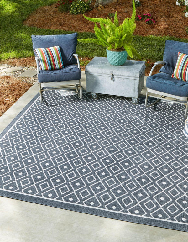 Unique Loom Outdoor Trellis Kafes Machine Made Geometric Rug Navy Blue, Ivory 7' 10" x 7' 10"