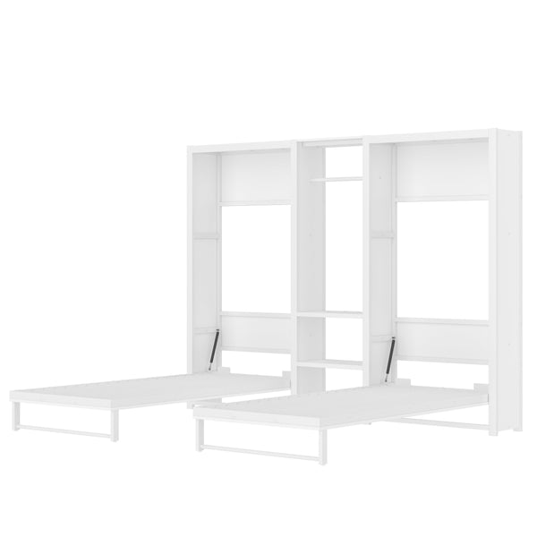English Elm Twin Twin Murphy Bed with Metal Frame, Foldable 2-in-1 Space-Saving Design, Built-In Wardrobe, Shelves, Power Outlets and Durable Storage Solution White W1580S00287