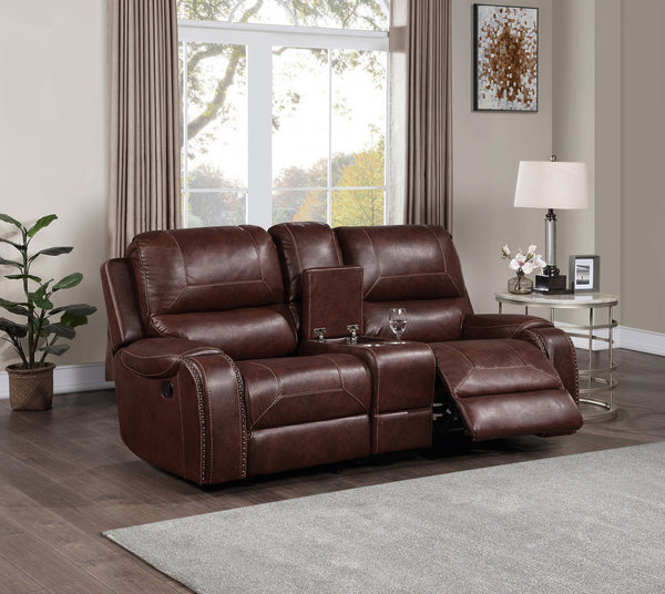 English Elm Steve Silver - Keily 3-Piece Manual Reclining Living Room Set in Dark Brown Faux Leather with USB Console and Swivel Recliner B081S00272