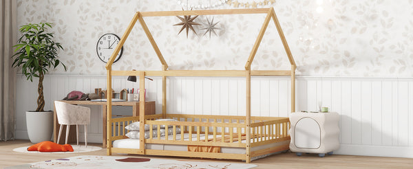 English Elm Twin House Shaped Floor Bed Solid Rubberwood Frame with Guardrails for Kids W504P370560