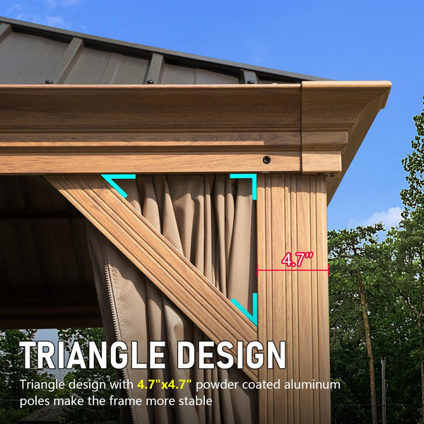 English Elm 14x22FT Hardtop Gazebo Metal Pavilion with Galvanized Double Roof, Aluminum Frame, Gutter, Curtains & Netting Yellow Brown W1859S00106