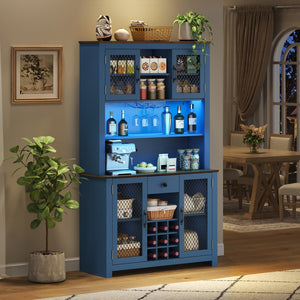 English Elm 70.9" Farmhouse Hutch Pantry with Led Lighting Wine Rack Mesh Doors and Built-in Power Navy Blue CH361426AAL