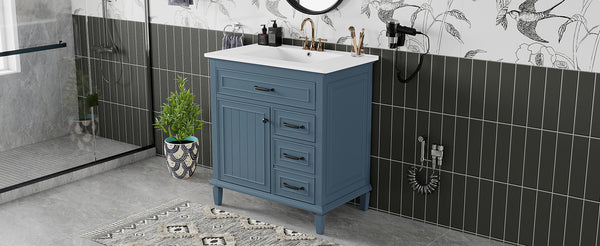 English Elm 30 Inch Freestanding Bathroom Vanity Solid Pine Cabinet Ceramic Sink Top Storage Blue Gray N725P412782C