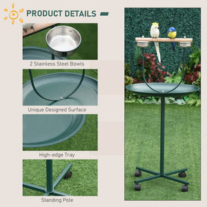 English Elm PawHut Rolling 48" T-Stand Bird Playstand with Large Perch, Stainless Bowls, Tray & Wheels Green W2225P173755