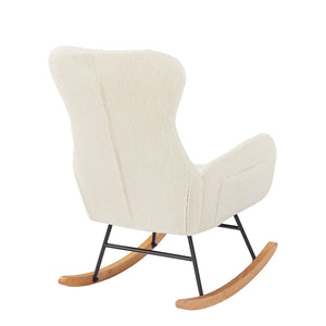 English Elm Beige Teddy Fabric Rocking Armchair with High Back for Nursery or Living Room W3985P400394