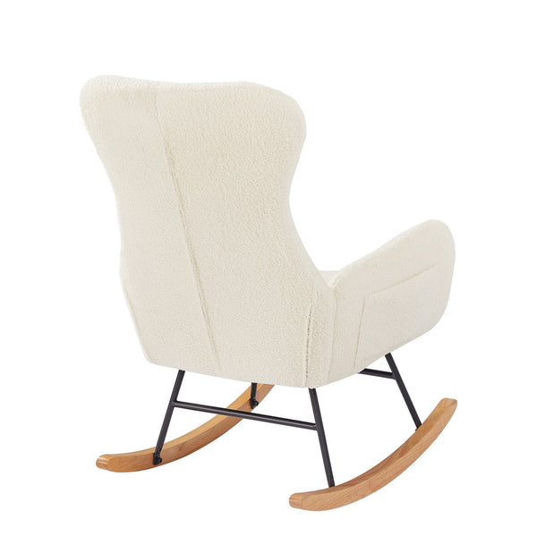 English Elm Beige Teddy Fabric Rocking Armchair with High Back for Nursery or Living Room W3985P400394
