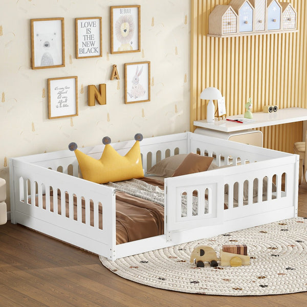 English Elm Full Size Floor Bed With Guardrails & Door - Solid Wood Bedframe For Safe, Stylish Kids' Sleep W1820P240539