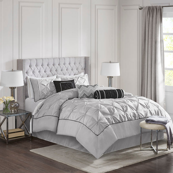 JLA Home Madison Park - 7 Tufted Comforter Set with Textured Pieced Panels for Durable Softness and Effortless Bedroom Style Grey MP10-1328