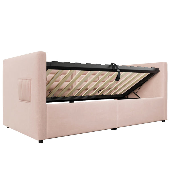 English Elm Upholstered Twin Daybed with Hydraulic Storage, Velvet Tufted Sofa Back, USB & Type-C Charging Port Pink N736P303402P