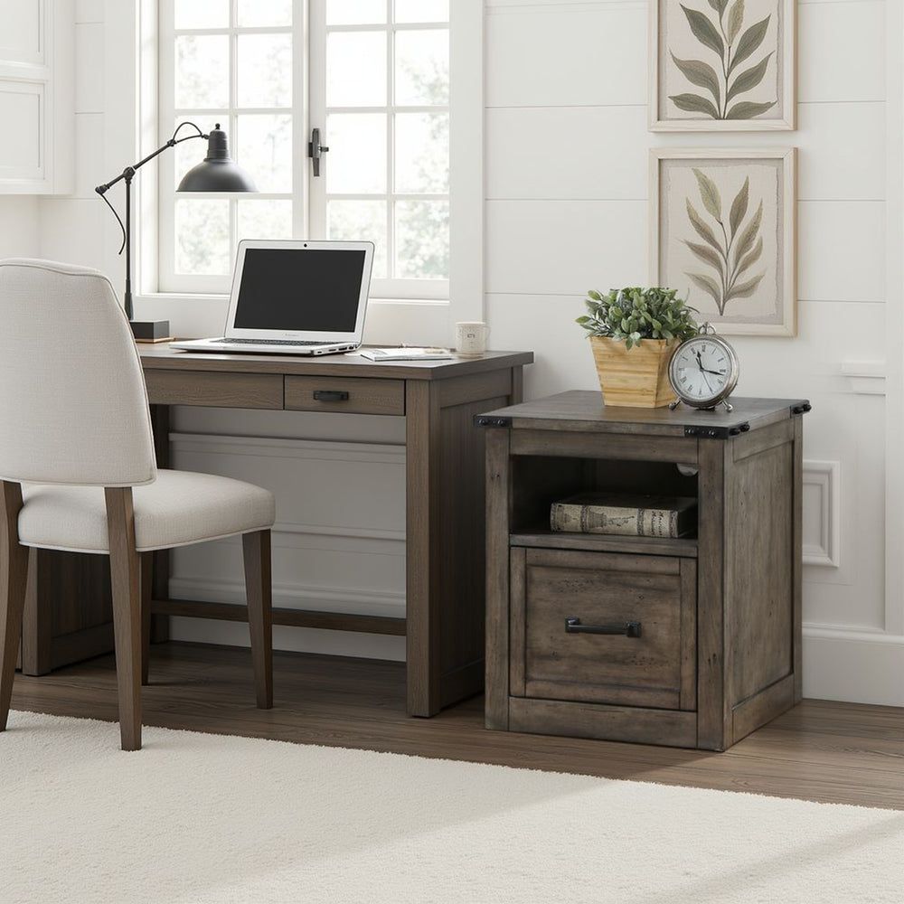 English Elm Storehouse Industrial Rustic File Cabinet Smoked Grey Hardwood with Iron Rivet Hardware B108P468548