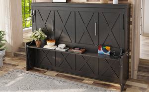 English Elm Queen Murphy Bed with Fold Down Desk Led Lighting and Usb Port for Home Office Dark Gray W1580S00457