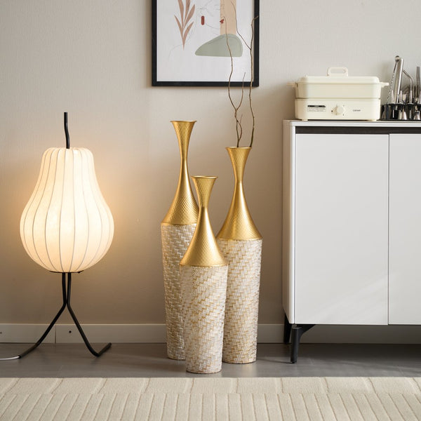 English Elm Floor Metal Vase Set - 3-Piece Modern Geometric Decor With Woven Texture & Glazed Finish,  Tall Accent W2796P255611