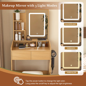 English Elm Vanity compact dressing desk with LED mirror, 3-color dimmable lights, drawers, stool, outlet Wood W2699P345799