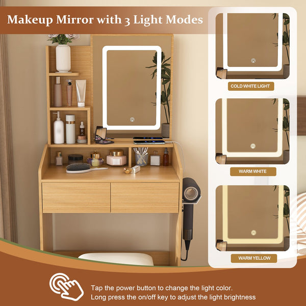 English Elm Vanity compact dressing desk with LED mirror, 3-color dimmable lights, drawers, stool, outlet Wood W2699P345799
