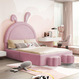 English Elm Full Size Upholstered Rabbit-Shape Bed With 2 Storage Stools, Velvet Platform Bed With Cartoon Ears Shaped Headboard, Pink