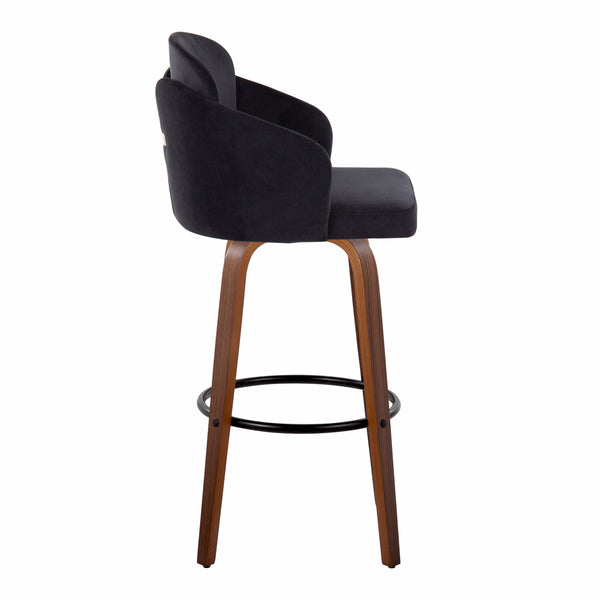 English Elm Fixed-height Mid-century Barstools with Walnut Legs and Grey Upholstered Seats Set Black B202S01904
