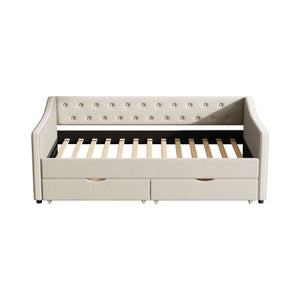 English Elm Twin Size Daybed With Storage Drawers - Elegant Beige Upholstered Sofa Bed With Tufted Design W2336S00031-GIGA