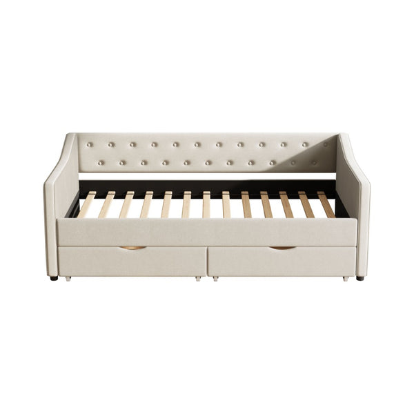 English Elm Twin Size Daybed With Storage Drawers - Elegant Beige Upholstered Sofa Bed With Tufted Design W2336S00031-GIGA