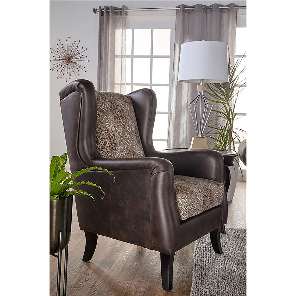 English Elm Brookridge Ornate Brown Wingback Accent Chair with Jacquard Upholstery & Faux Leather Arms for Cozy Elegance B062P354058