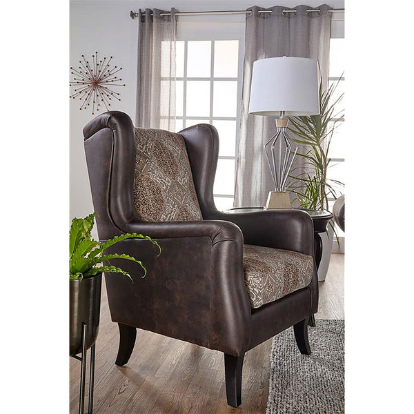 English Elm Brookridge Ornate Brown Wingback Accent Chair with Jacquard Upholstery & Faux Leather Arms for Cozy Elegance B062P354058