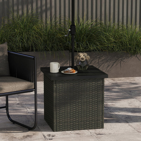 English Elm Outsunny Square Wicker Patio Side Table with Umbrella Hole and Open Storage Shelf W2225P485613