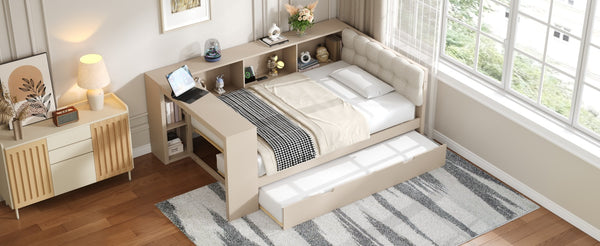 English Elm Wood Twin Platform Bed Linen Headboard Storage Shelves Trundle Charging Station Cream N709P004023C