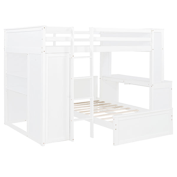 English Elm Full Twin Loft Bed with Desk Wardrobe Shelves Pine Wood Frame Kids Bedroom White LT000821AAK-1