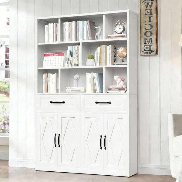 English Elm 71" Tall Metal Bookcase with Open Shelves Drawers and Cabinet Doors for Modern Office T2398S00002