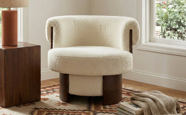 English Elm Modern Sculptural Barrel Swivel Chair Bentwood Frame Polyester Upholstery Accent Seating Beige N760P369230A