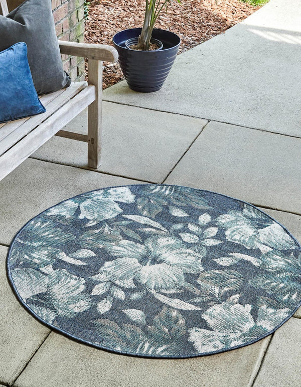 Unique Loom Outdoor Coastal Cicek Machine Made Floral Rug Blue, Ivory/Green/Gray 7' 1" x 7' 1"