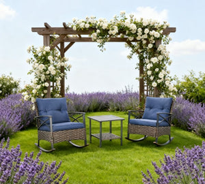 English Elm Rocking Chair Set Outdoor Pe Wicker Porch Conversation with Two Tier Coffee Table T3971P419123