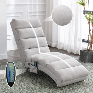 English Elm Linen Ergonomic Massage Chaise Lounge with Remote Control, 140° Recline, Heavy-Duty Frame, 5 Modes LIGHT GREY W39539625