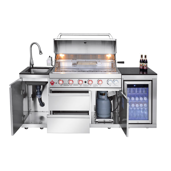 English Elm Outdoor Kitchen Island 6 Burner Propane Grill with Sink Fridge Granite Top W5007S00007