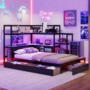 English Elm Twin Gaming Daybed with Led Strips Desk Pegboard Bookcase and Three Storage Drawers Purple+Black N820S00083I