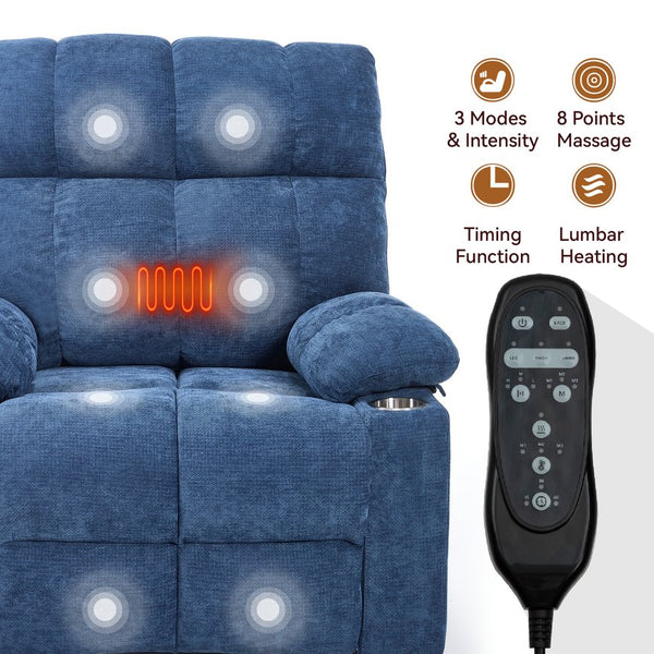 English Elm Dual Motor Power Lift Recliner with Massage Heat and Leatherair Upholstery for Living Room Blue W3224P290205