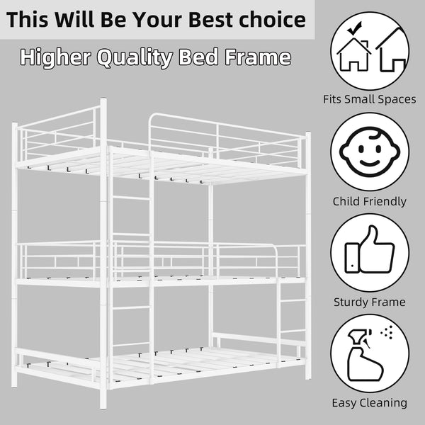 English Elm Heavy-duty triple bunk bed frame with built-in ladder, full guardrails, metal slats, space-saving design White W1935P330701