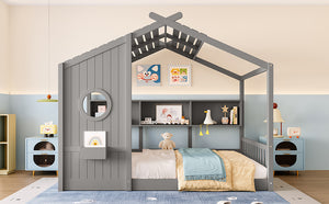 English Elm Full House Floor Bed with Roof Playhouse Design, Montessori Style with Rear Storage Shelf, Sturdy Pine Gray 78.5 L x 16.35 W x 8 H N733P335068E