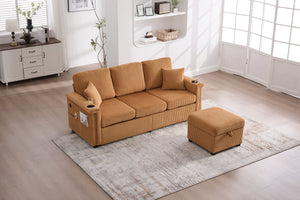 English Elm UNITED Corduroy L-Shaped Sectional Sofa with Storage Ottoman, USB Ports, Cup Holders & LED Lighting Mustard yellow W1568P332403