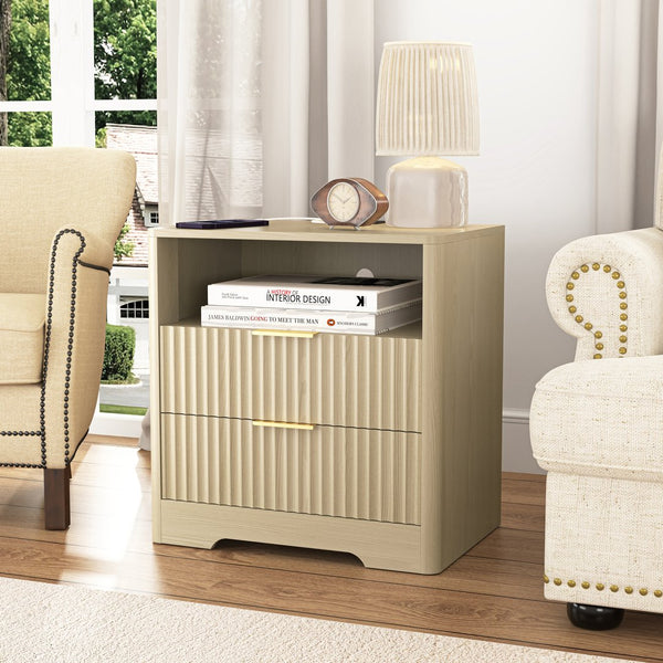 English Elm Nightstand Wood Cabinet with Built-in Usb Charging Ports and Voice Controlled Night Light W1321P399415