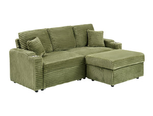 English Elm 80" Corduroy Multi-Function Sofa with Hidden Recliner, Space-Saving Design, Armrests, Cup Holders, Removable Footstool Green W3356S00019