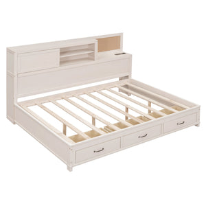 English Elm Full Size Gray Wood Daybed with Storage Drawers Shelf Usb Charging Upholstered Back LP002025AAK-1